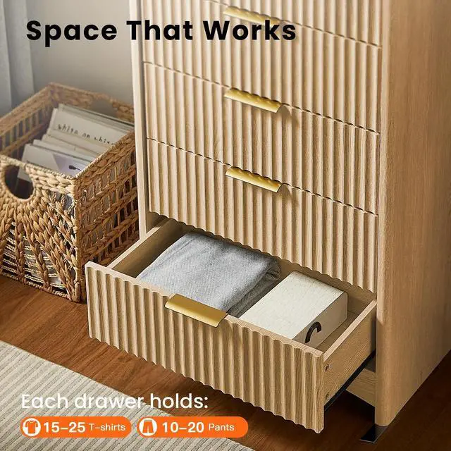 Alt view image 3 of 7 - Pipishell Dresser for Bedroom, Fluted 5 Drawers Dresser, 40" Tall Modern Chest of Drawer with Round Edge & Pre-Installed Drawer Slides, Natural Wood Drawer Organizer for Bedroom, Hallway, Natural Oak