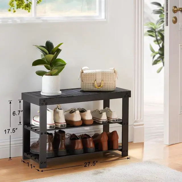 Alt view image 3 of 7 - Pipishell Bamboo Shoe Rack Bench, 3 Tier Sturdy Shoe Organizer, Storage Shoe Shelf, Holds up to 300lbs for Entryway Bedroom Living Room Balcony, Black