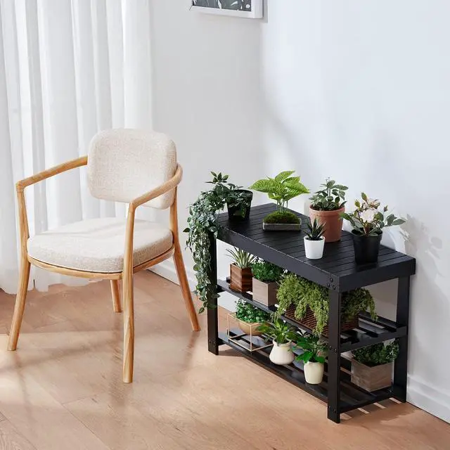Alt view image 6 of 7 - Pipishell Bamboo Shoe Rack Bench, 3 Tier Sturdy Shoe Organizer, Storage Shoe Shelf, Holds up to 300lbs for Entryway Bedroom Living Room Balcony, Black