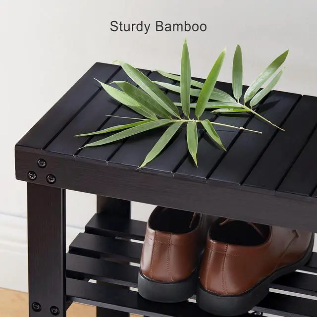 Alt view image 7 of 7 - Pipishell Bamboo Shoe Rack Bench, 3 Tier Sturdy Shoe Organizer, Storage Shoe Shelf, Holds up to 300lbs for Entryway Bedroom Living Room Balcony, Black