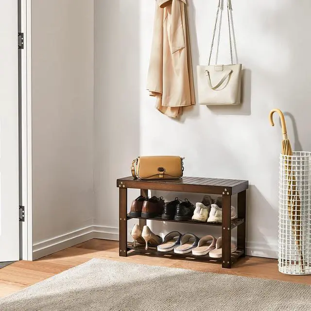 Alt view image 7 of 7 - Pipishell Bamboo Shoe Rack Bench, 3 Tier Sturdy Shoe Bench, Storage Shoe Organizer, Holds up to 300lbs for Entryway Bedroom Living Room Balcony, Brown