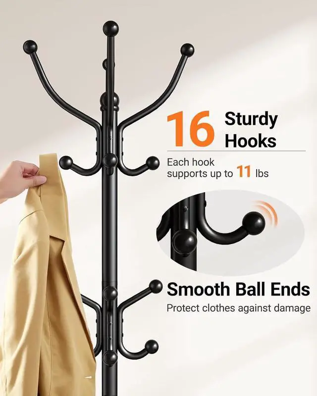 Alt view image 6 of 7 - Pipishell Metal Heavy Duty Coat Rack with Sturdy Marble Base, Coat Tree with 16 Hooks & Detachable Umbrella Holder,Coat Rack Freestanding for Entryway, Corner, Bedroom and Home Office, Black