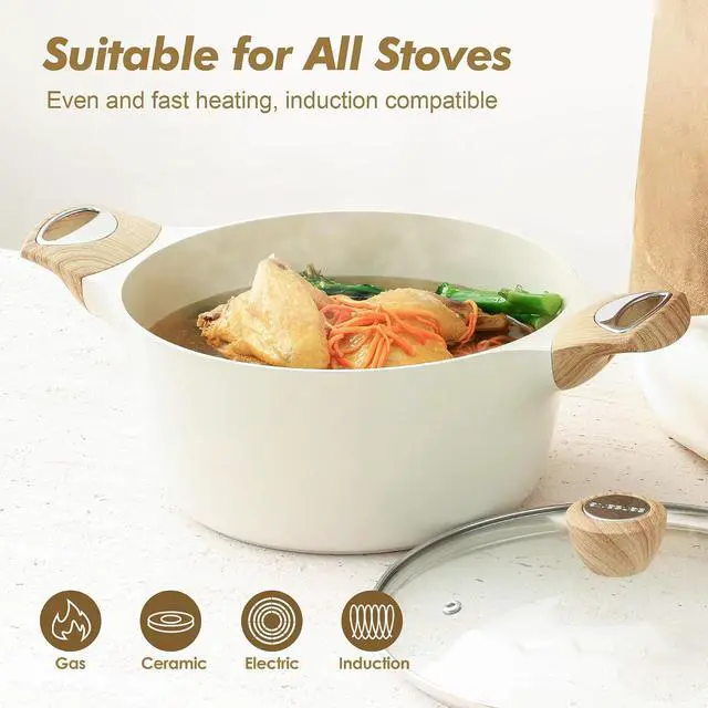 Alt view image 5 of 7 - Ceramic Nonstick Stock Pot with Lid, 4.5+6.6 QT Soup Pot Set Casserole Pot, Non-toxic Healthy Pasta Pot, Large Cooking Pot Stew Pot, Induction Compatible, PFOA PFAS PTFE Free, White