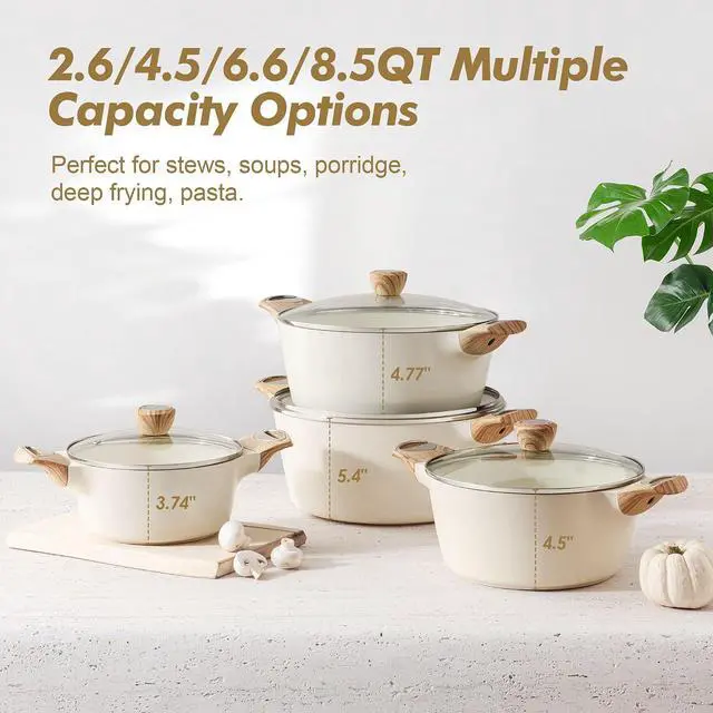 Alt view image 4 of 7 - Ceramic Nonstick Stock Pot with Lid, 4.5+6.6 QT Soup Pot Set Casserole Pot, Non-toxic Healthy Pasta Pot, Large Cooking Pot Stew Pot, Induction Compatible, PFOA PFAS PTFE Free, White