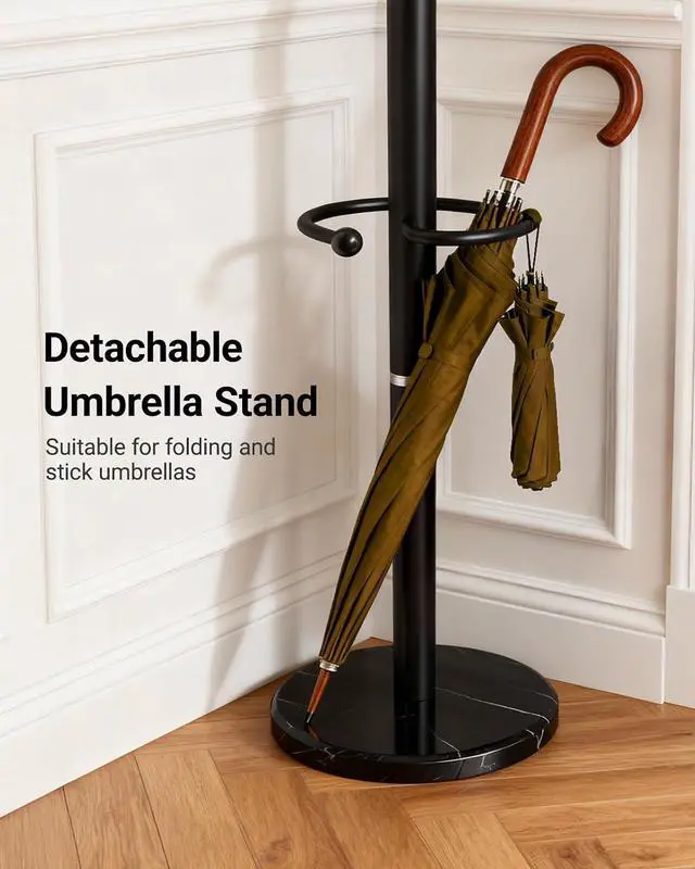 Alt view image 7 of 7 - Pipishell Metal Heavy Duty Coat Rack with Sturdy Marble Base, Coat Tree with 16 Hooks & Detachable Umbrella Holder,Coat Rack Freestanding for Entryway, Corner, Bedroom and Home Office, Black