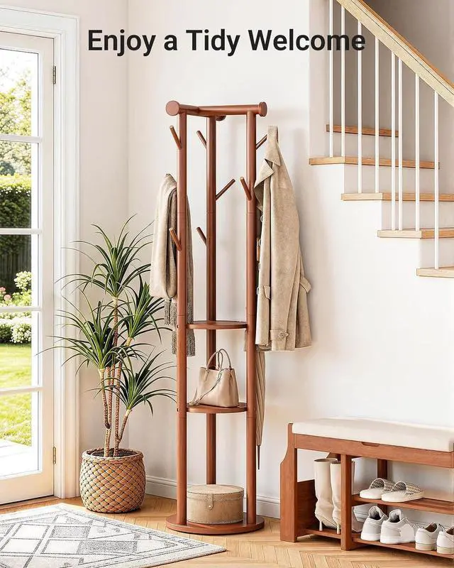 Alt view image 2 of 7 - Pipishell Solid Wood Freestanding Coat Rack, Coat Tree with 5 Wheels, Wooden Coat Stand with 9 Hooks & 3-Tier Shelves for Entryway, Bedroom, Hallway, Living Room