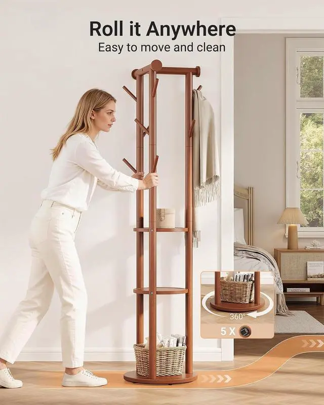 Alt view image 3 of 7 - Pipishell Solid Wood Freestanding Coat Rack, Coat Tree with 5 Wheels, Wooden Coat Stand with 9 Hooks & 3-Tier Shelves for Entryway, Bedroom, Hallway, Living Room