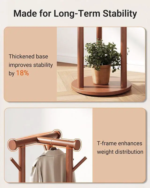 Alt view image 6 of 7 - Pipishell Solid Wood Freestanding Coat Rack, Coat Tree with 5 Wheels, Wooden Coat Stand with 9 Hooks & 3-Tier Shelves for Entryway, Bedroom, Hallway, Living Room