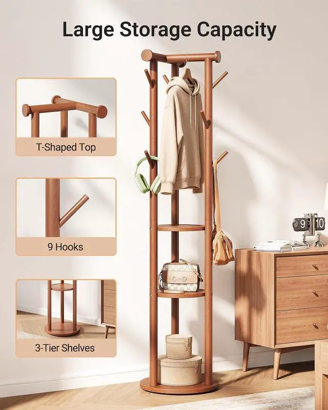 Alt view image 5 of 7 - Pipishell Solid Wood Freestanding Coat Rack, Coat Tree with 5 Wheels, Wooden Coat Stand with 9 Hooks & 3-Tier Shelves for Entryway, Bedroom, Hallway, Living Room