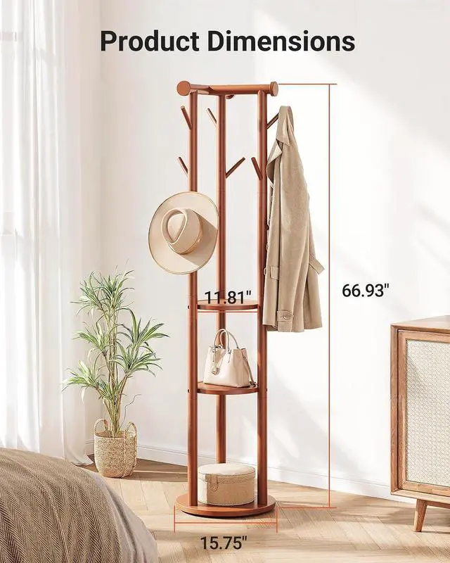 Alt view image 7 of 7 - Pipishell Solid Wood Freestanding Coat Rack, Coat Tree with 5 Wheels, Wooden Coat Stand with 9 Hooks & 3-Tier Shelves for Entryway, Bedroom, Hallway, Living Room