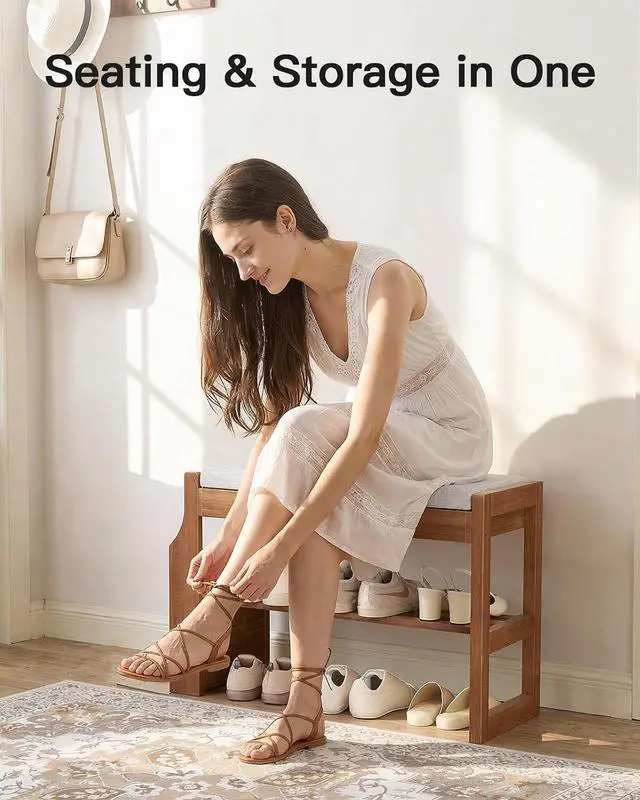 Alt view image 3 of 7 - Pipishell 26 Solid Pine Wood Shoe Rack Bench with Soft Cushion, 2 Tiers Shoe Storage Organizer with Lift-Top Storage and Side Holder, Holds up to 440 lbs, Shoe Bench for Entryway, Hallway, Bedroom