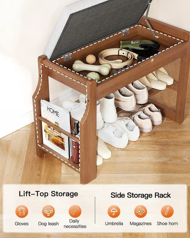 Alt view image 5 of 7 - Pipishell 26 Solid Pine Wood Shoe Rack Bench with Soft Cushion, 2 Tiers Shoe Storage Organizer with Lift-Top Storage and Side Holder, Holds up to 440 lbs, Shoe Bench for Entryway, Hallway, Bedroom