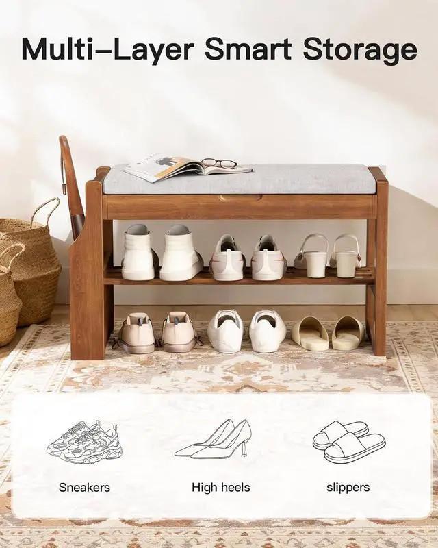 Alt view image 7 of 7 - Pipishell 26 Solid Pine Wood Shoe Rack Bench with Soft Cushion, 2 Tiers Shoe Storage Organizer with Lift-Top Storage and Side Holder, Holds up to 440 lbs, Shoe Bench for Entryway, Hallway, Bedroom