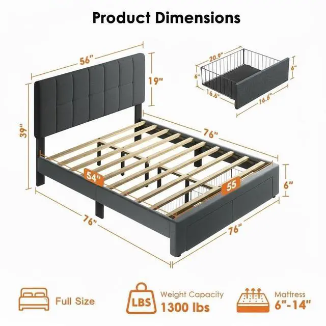 Alt view image 2 of 7 - Pipishell Upholstered Full Bed Frame with 2 Storage Drawers - Adjustable Headboard Solid Wood Platform Bed, 12 Support Legs, 1300 lbs Weight Capacity, Fits 614 Mattresses, Easy Assembly, Grey