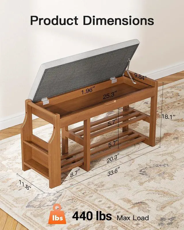 Alt view image 2 of 7 - Pipishell 34 Solid Pine Wood Shoe Rack Bench with Soft Cushion, 2 Tiers Shoe Storage Organizer with Lift-Top Storage and Side Holder, Holds up to 440 lbs, Shoe Bench for Entryway, Hallway, Bedroom