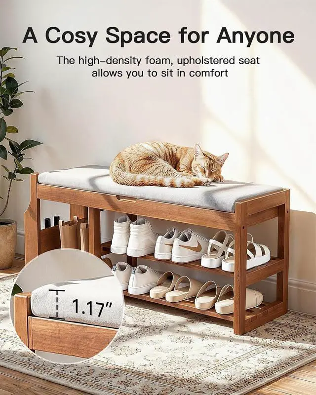 Alt view image 6 of 7 - Pipishell 34 Solid Pine Wood Shoe Rack Bench with Soft Cushion, 2 Tiers Shoe Storage Organizer with Lift-Top Storage and Side Holder, Holds up to 440 lbs, Shoe Bench for Entryway, Hallway, Bedroom