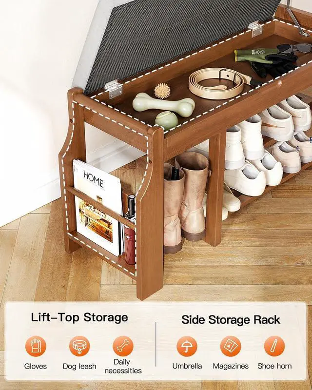 Alt view image 5 of 7 - Pipishell 34 Solid Pine Wood Shoe Rack Bench with Soft Cushion, 2 Tiers Shoe Storage Organizer with Lift-Top Storage and Side Holder, Holds up to 440 lbs, Shoe Bench for Entryway, Hallway, Bedroom