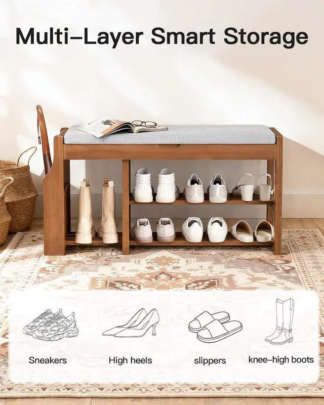 Alt view image 7 of 7 - Pipishell 34 Solid Pine Wood Shoe Rack Bench with Soft Cushion, 2 Tiers Shoe Storage Organizer with Lift-Top Storage and Side Holder, Holds up to 440 lbs, Shoe Bench for Entryway, Hallway, Bedroom