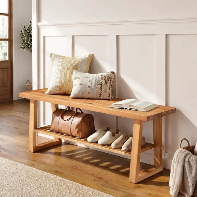 Main image of Amada 43 Inch Solid Pine Wood Bench, Entryway Bench with Shoe Storage Shelf, Farmhouse Indoor End of Bed Bench, Rustic Bench for Hallway, Bedroom, Living Room, Dining Room