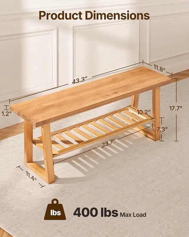 Alt view image 2 of 7 - Amada 43 Inch Solid Pine Wood Bench, Entryway Bench with Shoe Storage Shelf, Farmhouse Indoor End of Bed Bench, Rustic Bench for Hallway, Bedroom, Living Room, Dining Room