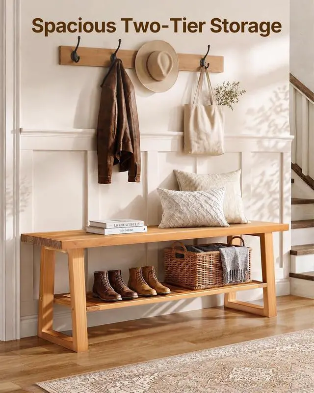 Alt view image 3 of 7 - Amada 43 Inch Solid Pine Wood Bench, Entryway Bench with Shoe Storage Shelf, Farmhouse Indoor End of Bed Bench, Rustic Bench for Hallway, Bedroom, Living Room, Dining Room