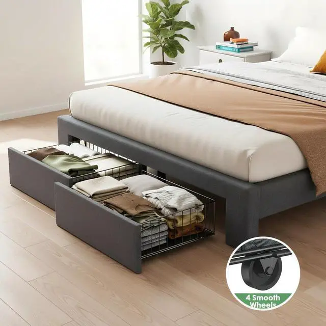 Alt view image 3 of 7 - Pipishell Upholstered Full Bed Frame with 2 Storage Drawers - Adjustable Headboard Solid Wood Platform Bed, 12 Support Legs, 1300 lbs Weight Capacity, Fits 614 Mattresses, Easy Assembly, Grey