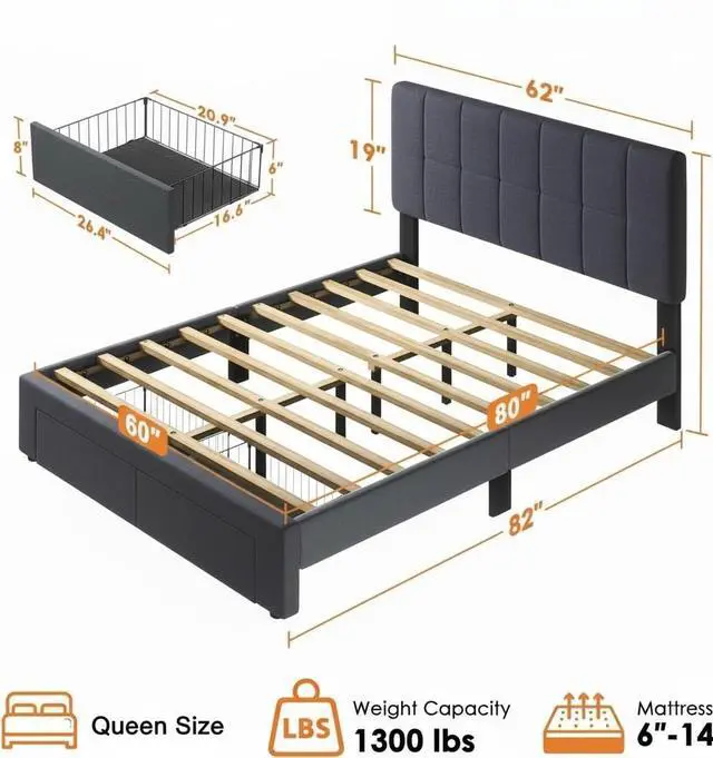 Alt view image 2 of 7 - Pipishell Upholstered Queen Bed Frame with 2 Storage Drawers - Adjustable Headboard Solid Wood Platform Bed, 12 Support Legs, 1300 lbs Weight Capacity, Fits 614 Mattresses, Easy Assembly, Grey
