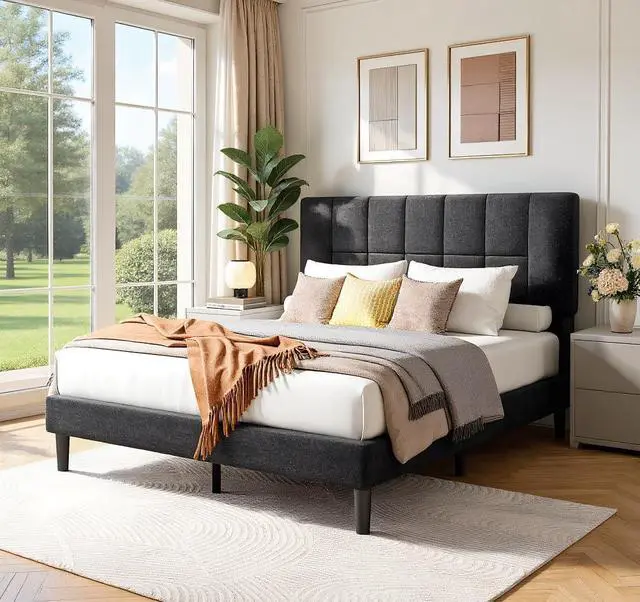 Main image of Pipishell Queen Size Bed Frame Upholstered Platform with Adjustable Headboard, 1300 lbs Strong Weight Capacity, Fully Upholstered Mattress Foundation, No Box Spring Needed, Asphalt Grey