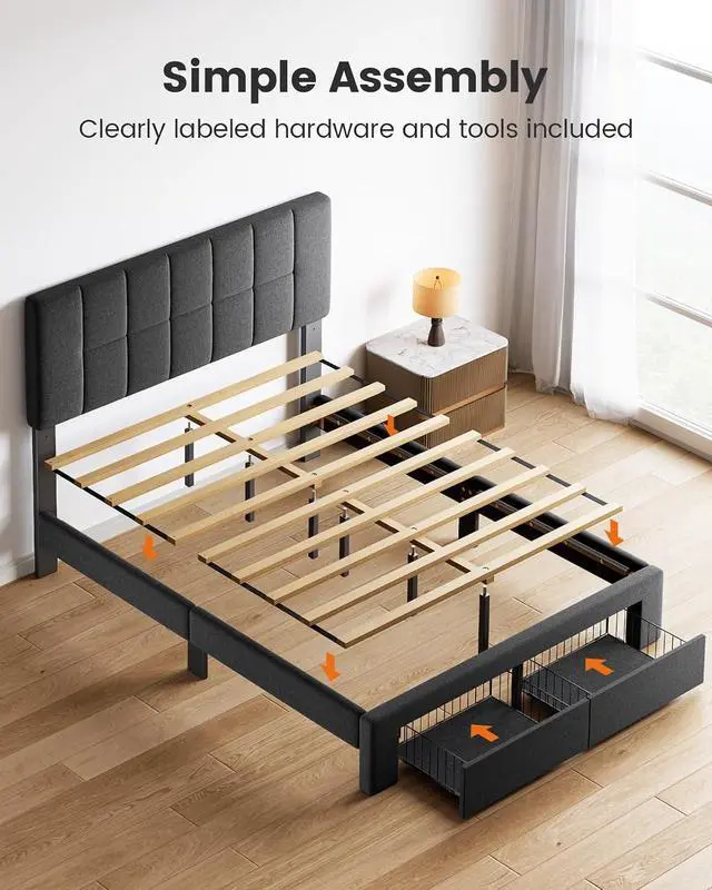 Alt view image 4 of 7 - Pipishell Upholstered Full Bed Frame with 2 Storage Drawers - Adjustable Headboard Solid Wood Platform Bed, 12 Support Legs, 1300 lbs Weight Capacity, Fits 614 Mattresses, Easy Assembly, Grey