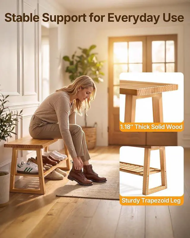 Alt view image 5 of 7 - Amada 43 Inch Solid Pine Wood Bench, Entryway Bench with Shoe Storage Shelf, Farmhouse Indoor End of Bed Bench, Rustic Bench for Hallway, Bedroom, Living Room, Dining Room