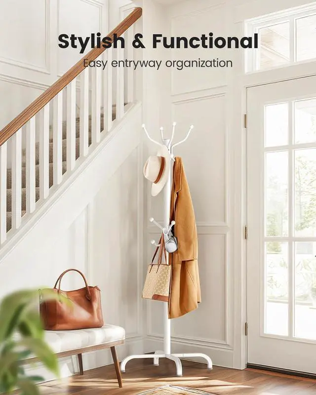 Alt view image 2 of 7 - Pipishell Coat Rack with 14 Hooks, Freestanding Coat Rack Stand for Entryway, Hallway, Bedroom, and Office, Metal Coat Tree & Hat Rack for Coats, Hats, and Bags, White