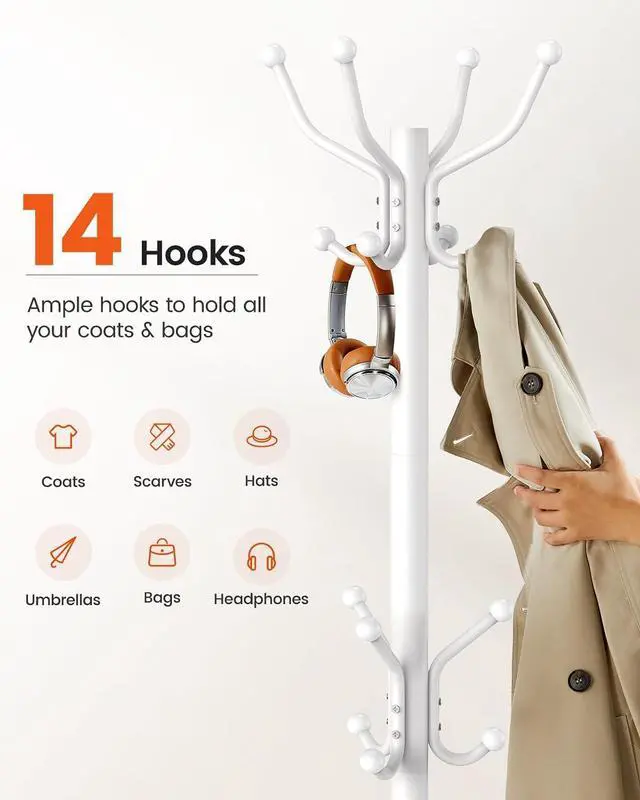 Alt view image 3 of 7 - Pipishell Coat Rack with 14 Hooks, Freestanding Coat Rack Stand for Entryway, Hallway, Bedroom, and Office, Metal Coat Tree & Hat Rack for Coats, Hats, and Bags, White