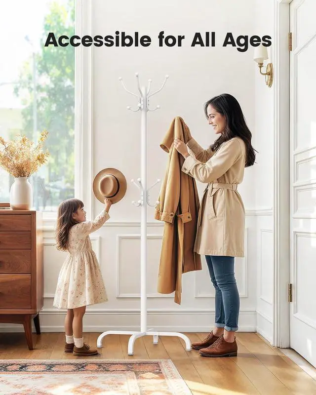 Alt view image 4 of 7 - Pipishell Coat Rack with 14 Hooks, Freestanding Coat Rack Stand for Entryway, Hallway, Bedroom, and Office, Metal Coat Tree & Hat Rack for Coats, Hats, and Bags, White