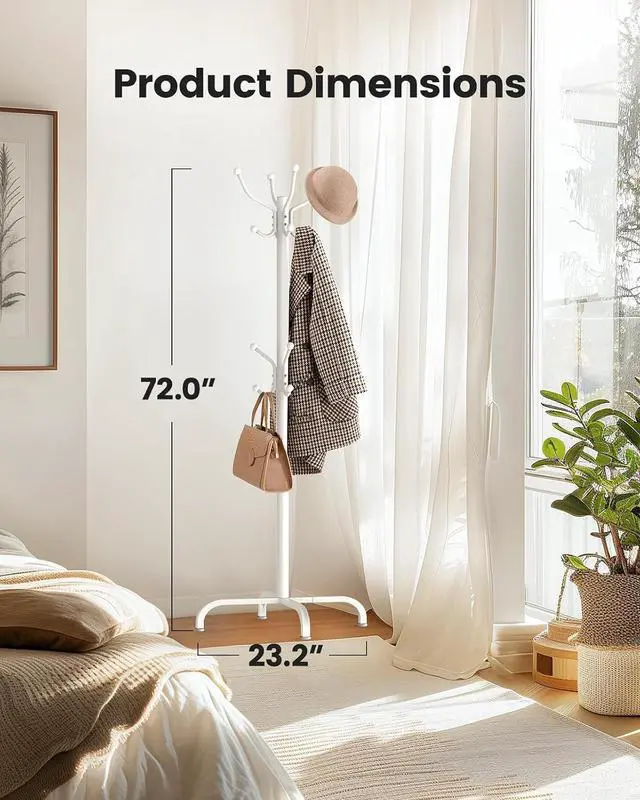 Alt view image 6 of 7 - Pipishell Coat Rack with 14 Hooks, Freestanding Coat Rack Stand for Entryway, Hallway, Bedroom, and Office, Metal Coat Tree & Hat Rack for Coats, Hats, and Bags, White