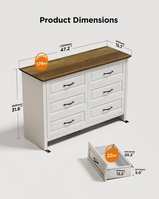 Alt view image 2 of 7 - Pipishell White 6 Drawer Dresser for Bedroom, 47" Wide Wood Chest of Drawers with Bar Handles, Modern Storage Dresser Organizer for Bedroom, Living Room, Hallway, Brown & White