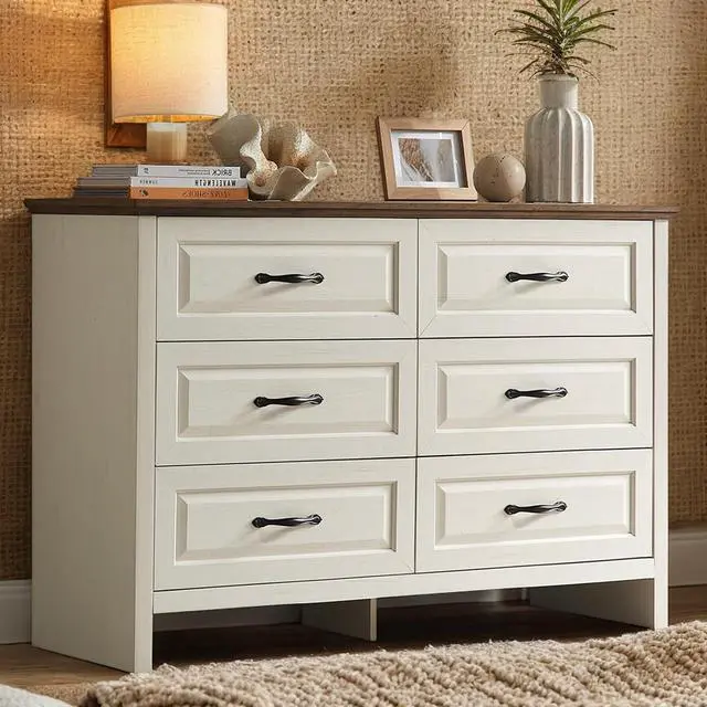 Main image of Pipishell White 6 Drawer Dresser for Bedroom, 47" Wide Wood Chest of Drawers with Bar Handles, Modern Storage Dresser Organizer for Bedroom, Living Room, Hallway, Brown & White