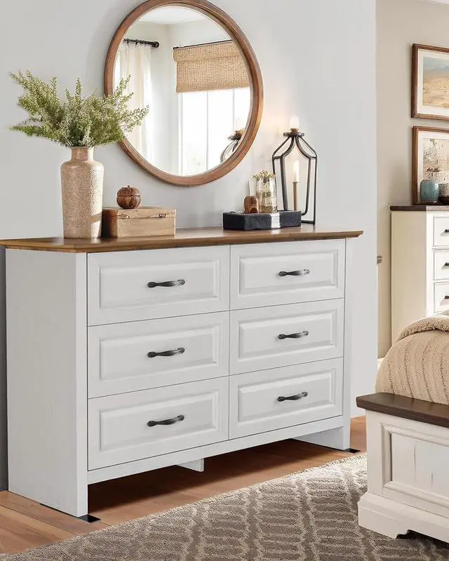 Alt view image 5 of 7 - Pipishell White 6 Drawer Dresser for Bedroom, 47" Wide Wood Chest of Drawers with Bar Handles, Modern Storage Dresser Organizer for Bedroom, Living Room, Hallway, Brown & White