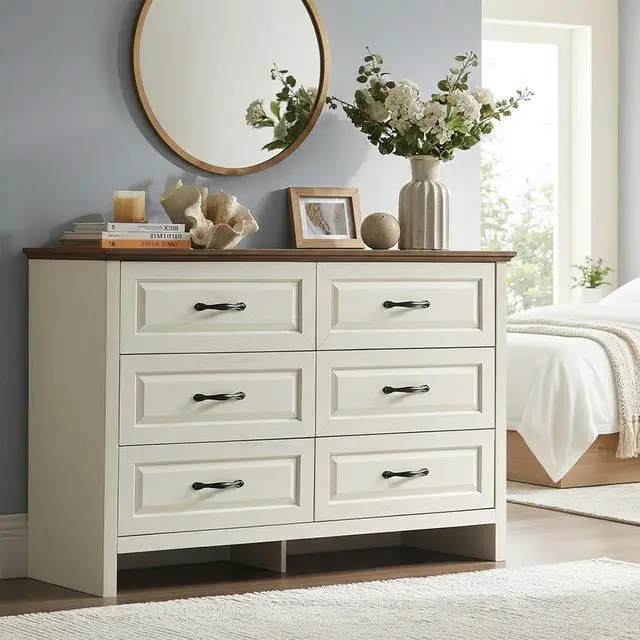 Alt view image 3 of 7 - Pipishell White 6 Drawer Dresser for Bedroom, 47" Wide Wood Chest of Drawers with Bar Handles, Modern Storage Dresser Organizer for Bedroom, Living Room, Hallway, Brown & White