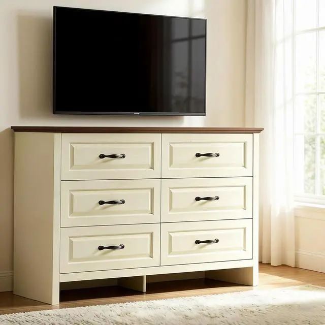 Alt view image 7 of 7 - Pipishell White 6 Drawer Dresser for Bedroom, 47" Wide Wood Chest of Drawers with Bar Handles, Modern Storage Dresser Organizer for Bedroom, Living Room, Hallway, Brown & White