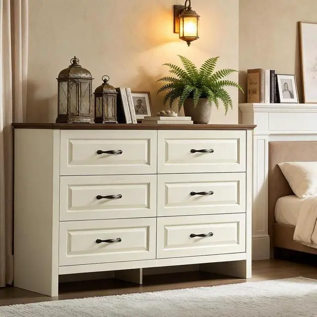 Alt view image 4 of 7 - Pipishell White 6 Drawer Dresser for Bedroom, 47" Wide Wood Chest of Drawers with Bar Handles, Modern Storage Dresser Organizer for Bedroom, Living Room, Hallway, Brown & White