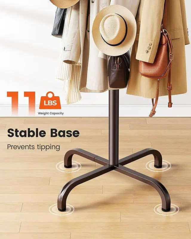 Alt view image 5 of 7 - Pipishell Coat Rack with 14 Hooks, Freestanding Coat Rack Stand for Entryway, Hallway, Bedroom, and Office, Metal Coat Tree & Hat Rack for Coats, Hats, and Bags, Brown