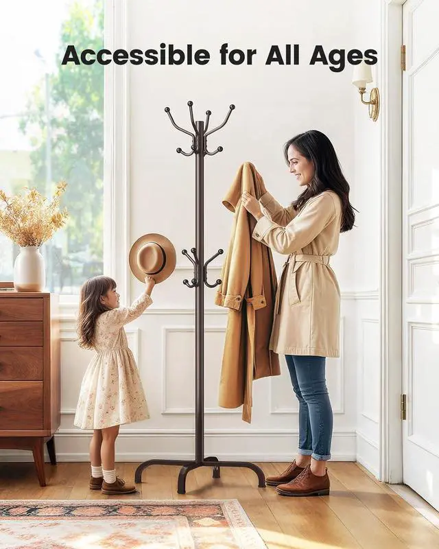 Alt view image 4 of 7 - Pipishell Coat Rack with 14 Hooks, Freestanding Coat Rack Stand for Entryway, Hallway, Bedroom, and Office, Metal Coat Tree & Hat Rack for Coats, Hats, and Bags, Brown