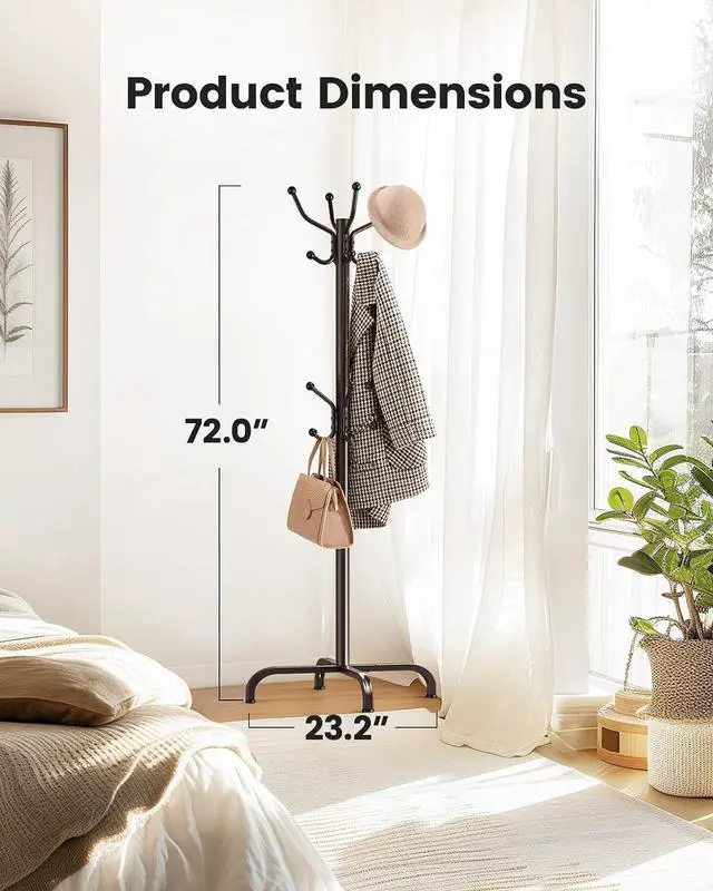 Alt view image 6 of 7 - Pipishell Coat Rack with 14 Hooks, Freestanding Coat Rack Stand for Entryway, Hallway, Bedroom, and Office, Metal Coat Tree & Hat Rack for Coats, Hats, and Bags, Brown