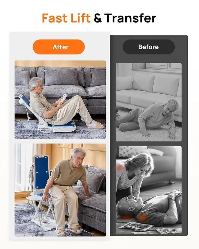 Alt view image 3 of 7 - PERLECARE Electric Chair Lift, 308 lbs Capacity, Floor Lift for Elderly Falls, IP68 Waterproof Bath Lift for Tub, Foldable & Rechargeable Design, Remote Control, for Fall Recovery & Home Care