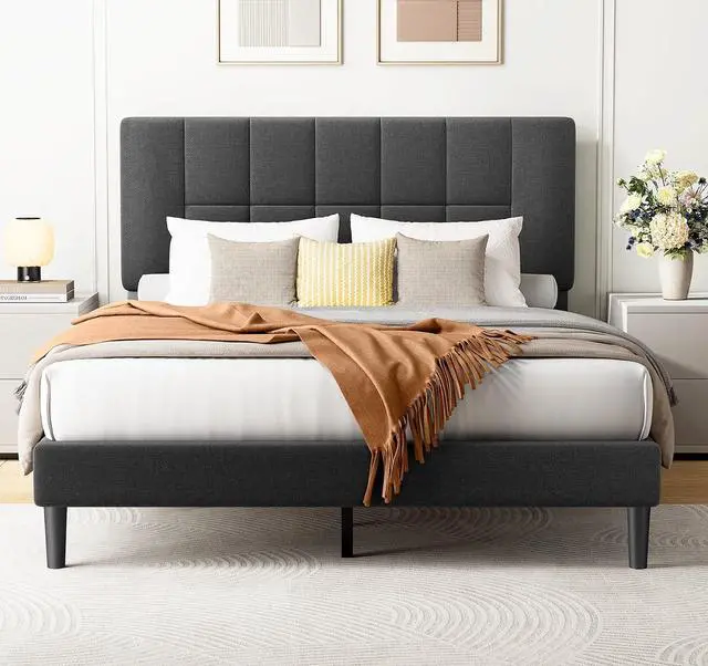 Main image of Amada Full Bed Frame with 12 Thickened Legs & Adjustable Fabric Upholstered Headboard, Solid Wooden Support 1300 Lbs Weight Capacity, No Box Spring Needed/Easy Assembly/Underbed Storage