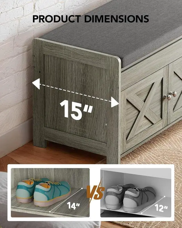 Alt view image 4 of 6 - Amada Farmhouse Shoe Storage Bench with Cushion, 3 Doors & Lift-Top Storage, Adjustable Shelves, 300 lbs Capacity Entryway Bench for Bedroom, Living Room, Wash Grey