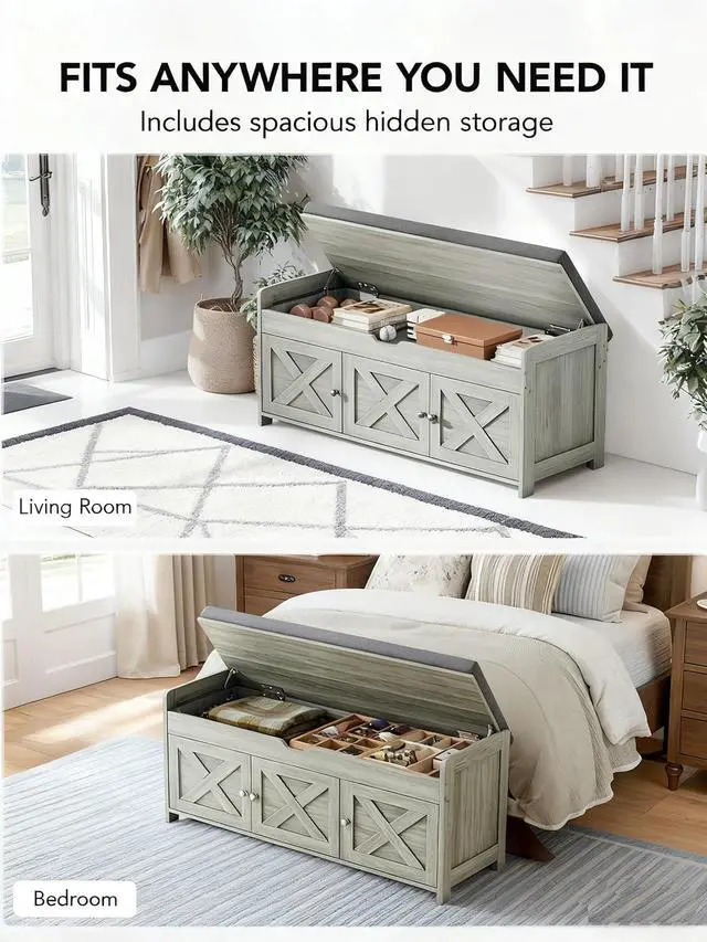 Alt view image 3 of 6 - Amada Farmhouse Shoe Storage Bench with Cushion, 3 Doors & Lift-Top Storage, Adjustable Shelves, 300 lbs Capacity Entryway Bench for Bedroom, Living Room, Wash Grey