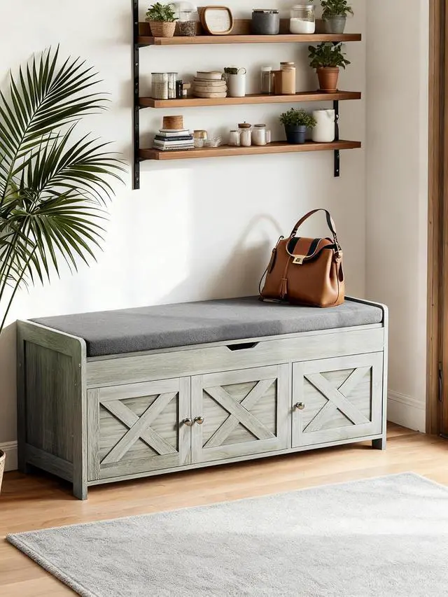 Alt view image 6 of 6 - Amada Farmhouse Shoe Storage Bench with Cushion, 3 Doors & Lift-Top Storage, Adjustable Shelves, 300 lbs Capacity Entryway Bench for Bedroom, Living Room, Wash Grey