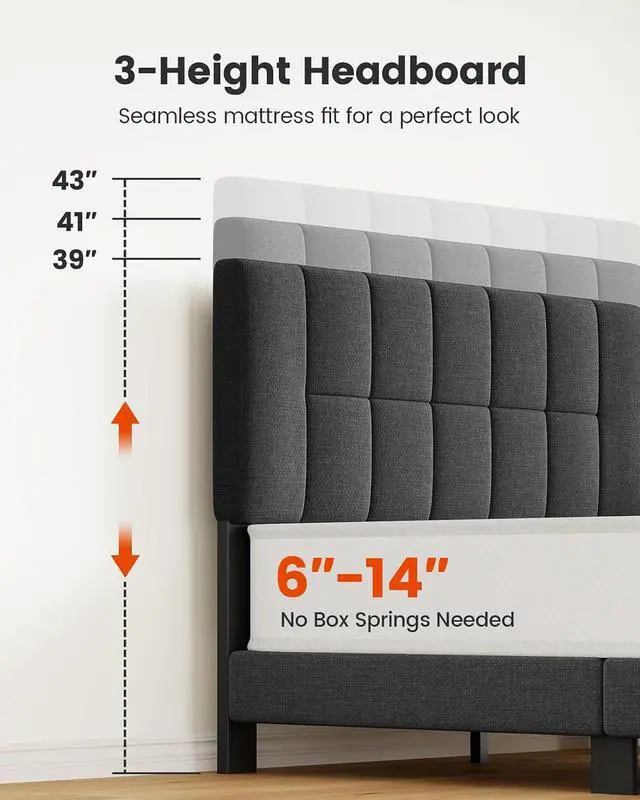 Alt view image 5 of 7 - Amada Full Bed Frame with Adjustable Headboard, Sturdy Upholstered Bed Frame with 12 Support Legs, 1300 lbs Weight Capacity, Fits 6-14 Mattresses, No Box Spring Needed, Easy Setup, Dark Gray