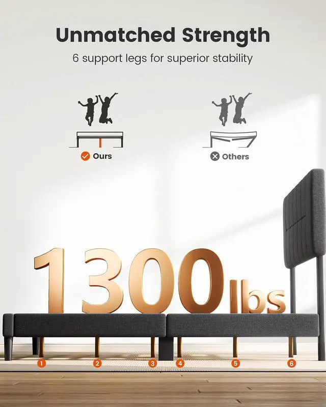 Alt view image 4 of 7 - Amada Full Bed Frame with 12 Thickened Legs & Adjustable Fabric Upholstered Headboard, Solid Wooden Support 1300 Lbs Weight Capacity, No Box Spring Needed/Easy Assembly/Underbed Storage